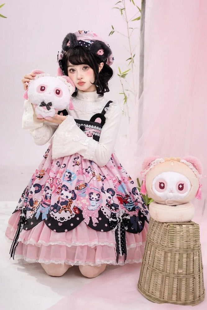 [Pre-order Deadline: October 25] Pink/Green Chinoiserie Lolita Sweet Panda Ear Bow High-Waist Tiered JSK Dress + Bow-Waist Panda Print Dress