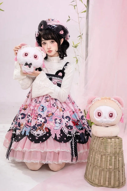 [Pre-order Deadline: October 25] Pink/Green Chinoiserie Lolita Sweet Panda Ear Bow High-Waist Tiered JSK Dress + Bow-Waist Panda Print Dress