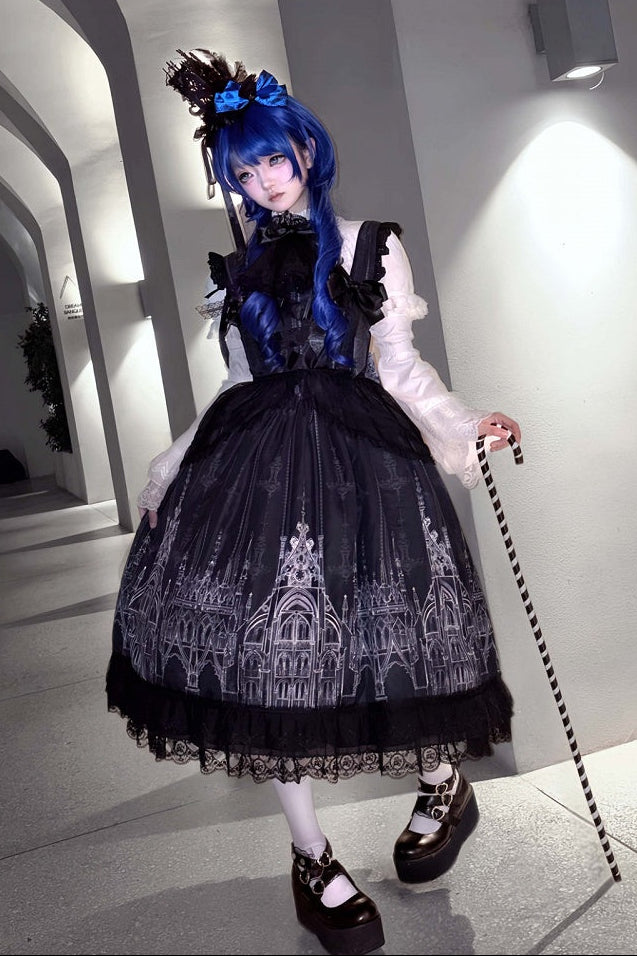 【10月13日予約締切】Gothic Lolita Black White Cathedral Print Lace Trim JSK Dress + Full Dress Set (Detachable Sleeved Shirt, Mini Hat, Apron, Brooch)