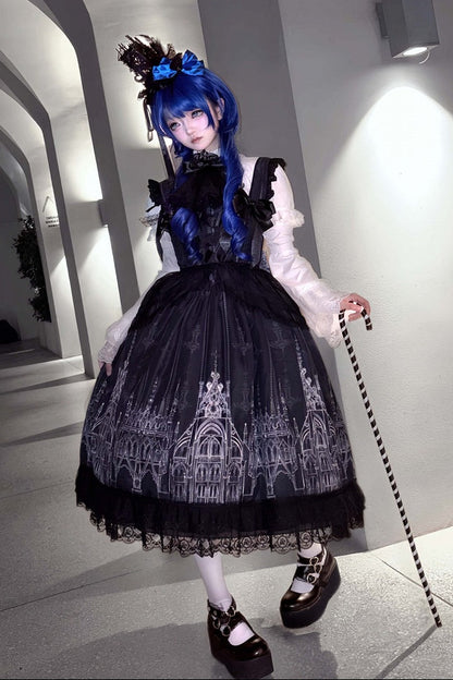 【10月13日予約締切】Gothic Lolita Black White Cathedral Print Lace Trim JSK Dress + Full Dress Set (Detachable Sleeved Shirt, Mini Hat, Apron, Brooch)