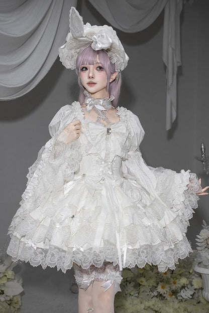 【7月19日予約締切】ホワイト/ブラックウエディングロリータドレスフルセット（JKSドレス＋姫袖ブラウス＋ロングオーバーレイ＋リボンアクセサリー）
