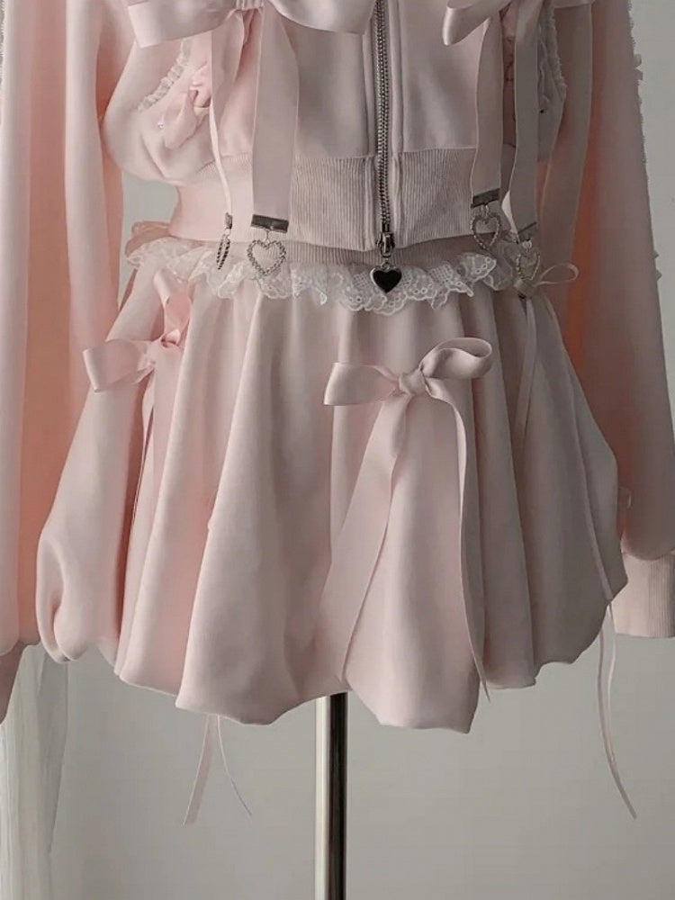 [Reservation Deadline: November 15] Pink Lace Bow Two-Way Zip Hoodie and Bubble Skirt Set with Detachable Ribbon