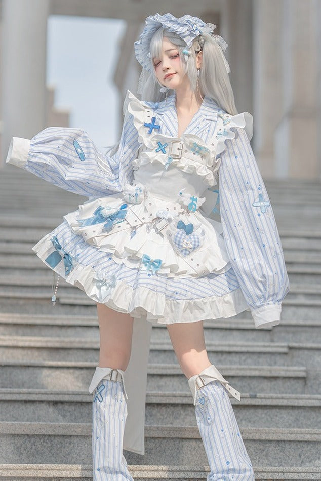 【11月5日予約締切】Blue White Striped Medical Lolita Nurse Sickly Kawaii Dress Suit Full Set (Shirt + Skirt + Apron + Back Ribbon + Leg Covers)
