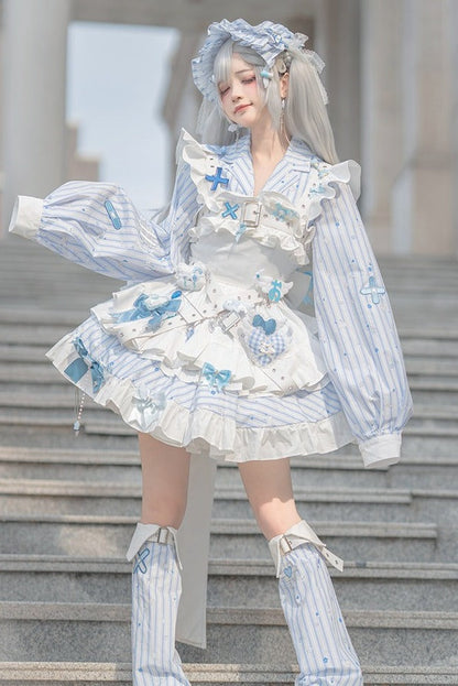 【11月5日予約締切】Blue White Striped Medical Lolita Nurse Sickly Kawaii Dress Suit Full Set (Shirt + Skirt + Apron + Back Ribbon + Leg Covers)