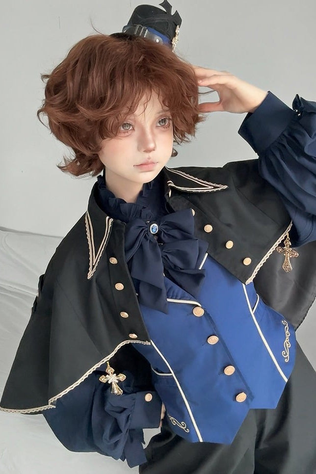 [Reservierungsschluss am 913] Schwarz/Weiß Prinz Gothic-Kreuzanhänger Cape mit Spitzenbesatz