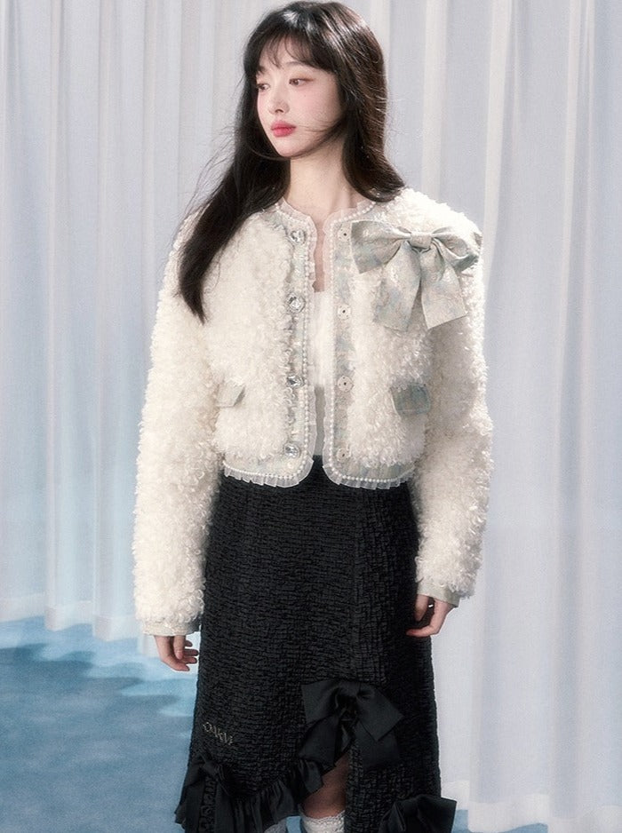 Lamb Fur Wool Retro Flower Design Jacket