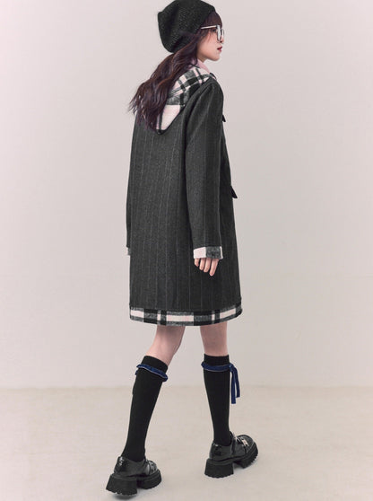 Check Hooded Wool Long Coat