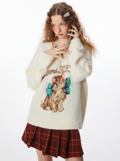 American Retro Cat Design White Knit