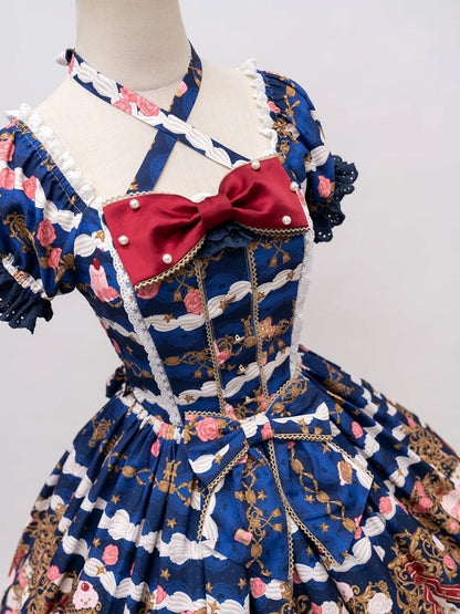 【4月26日予約締切】レトロロマンスイートロリータリボンケーキプリントホルターネックドレス