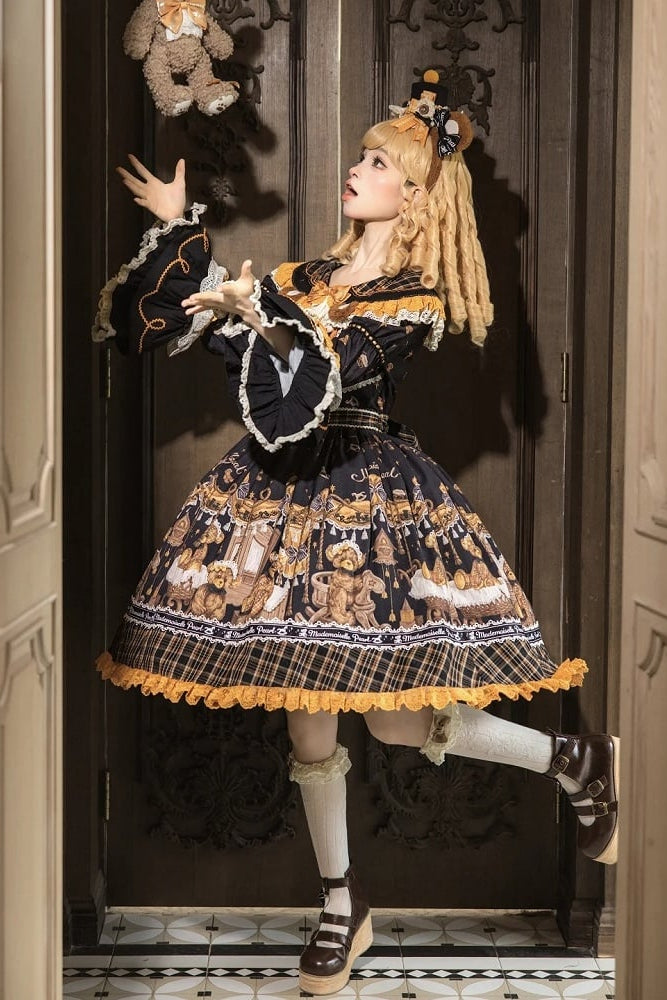 [Reservierungsschluss 8. September] Classic Bear Lolita-Stufenkleid mit weißem Kragen, Karomuster, Spitze und Schleife+Vintage-JSK-Kleid mit Teddybär-Print und Spitze+Vintage-Lolita-Kleid mit Teddybär-Print, Karokragen und klassischem Karomuster