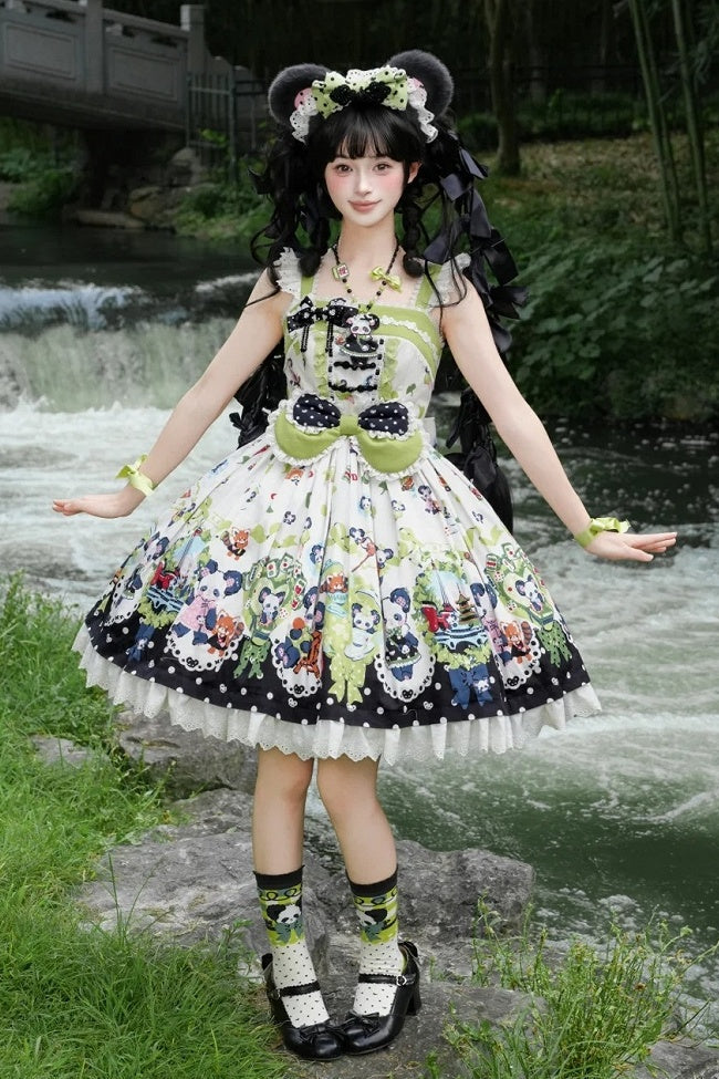[Pre-order Deadline: October 25] Pink/Green Chinoiserie Lolita Sweet Panda Ear Bow High-Waist Tiered JSK Dress + Bow-Waist Panda Print Dress