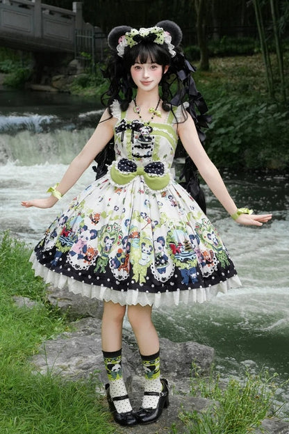 [Pre-order Deadline: October 25] Pink/Green Chinoiserie Lolita Sweet Panda Ear Bow High-Waist Tiered JSK Dress + Bow-Waist Panda Print Dress