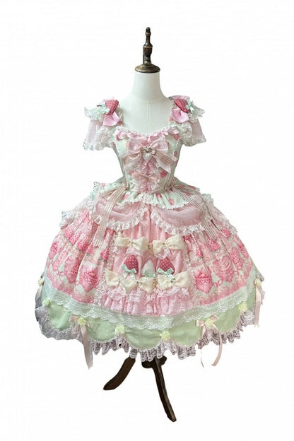 [Reservierungsschluss 26. Juni] Erdbeer-Sweet-Lolita-JKS-Kleid mit Spitze, Flatterärmeln, hochgezogenem Design und Tülllagen
