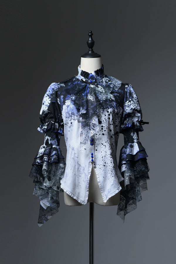 [Deadline for reservations: December 10] Bloodstained Print Ruffle Stand Collar Princess Sleeve Shirt