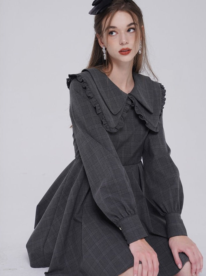 Dark Gray Check Puff Sleeve Dress