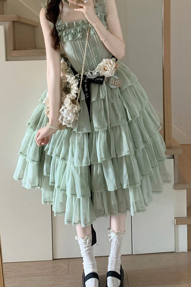 [Pre-order Deadline: July 31] Romantic Sweet Lolita Square-Neck Tiered JKS Ribbon Dress