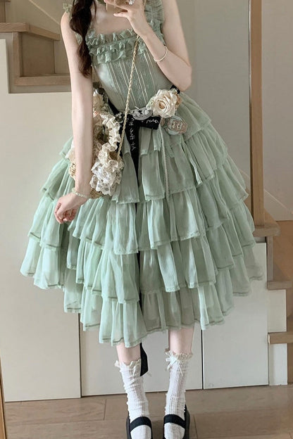 [Pre-order Deadline: July 31] Romantic Sweet Lolita Square-Neck Tiered JKS Ribbon Dress