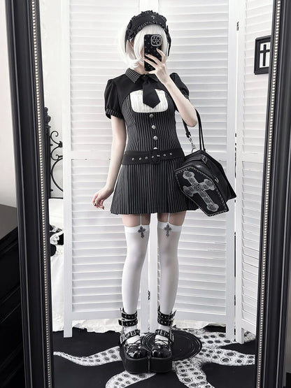 【4月29日予約締切】ブラックピンストライプタイカラーショートジャケットドレスフルセット＋ジュエルキャスケット