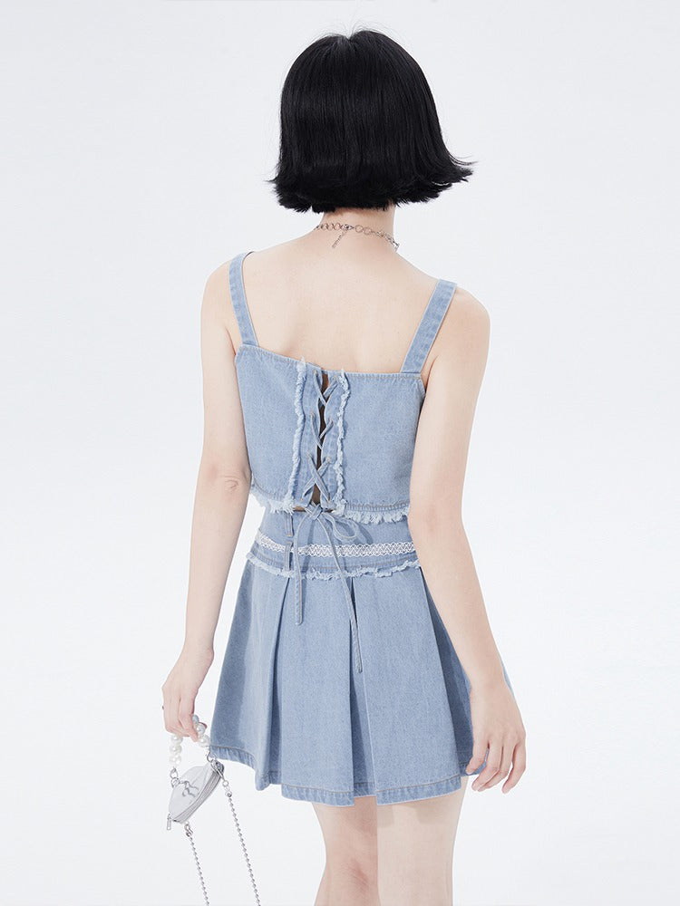 Denim Butterfly Back Lace Up Camidop + Lace Race Bump Ritsu Skirt Setup