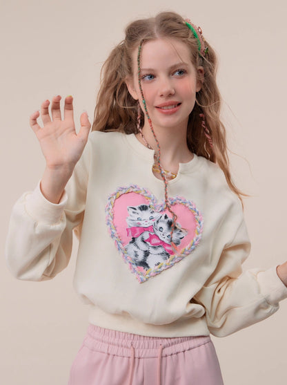 Short Loose American Retro Love Cat Sweatshirt