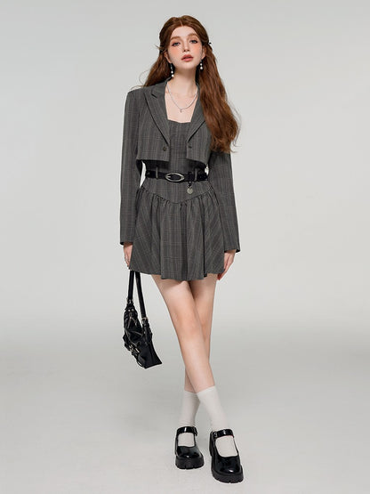 College Style Classic Gray Check Short Jacket + Dress