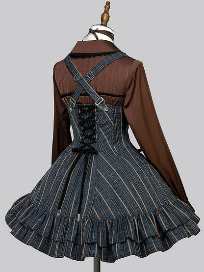 【12月29日予約締切】ゴシックロリータストライプバッククロスフリルサスドレス