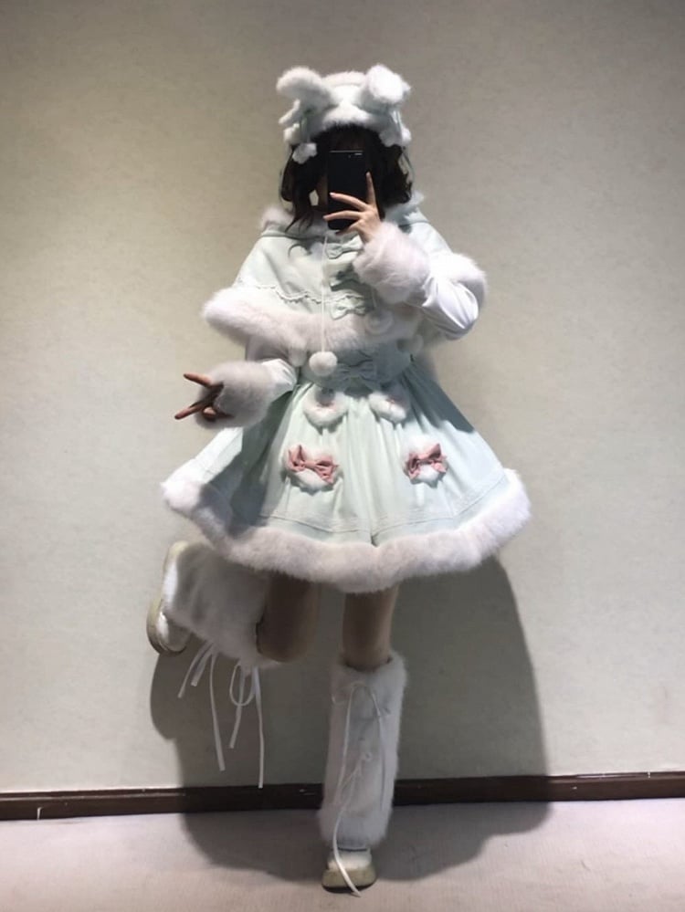 【12月19日予約締切】Sweet Dream Rabbitミントグリーンうさ耳フーディーファーケープ＋OPドレス＋サスペンダードレス＋インナートップス