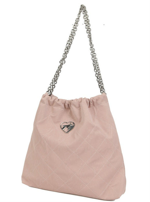 Cool Metal Diamond Stitch Leather Chain Tote Bag