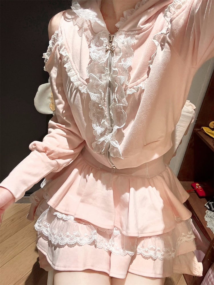 [Reservierungsschluss am 16. September] Set aus langärmligem Cold-Shoulder-Hoodie-Top mit Spitzenrüschen + Stufenrock mit Innenshorts