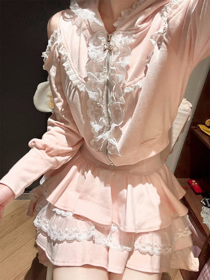 [Reservierungsschluss am 16. September] Set aus langärmligem Cold-Shoulder-Hoodie-Top mit Spitzenrüschen + Stufenrock mit Innenshorts