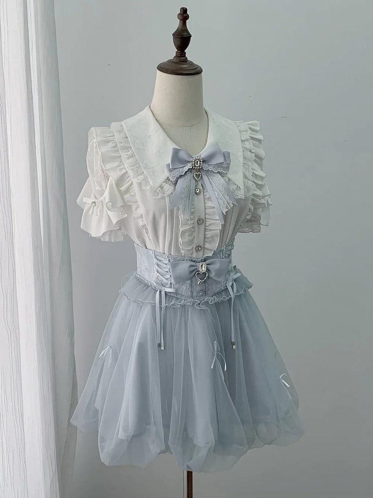 [Bestellschluss 15. Mai] Rosa/Blau-Schmuckschleife-Tüll-Volant-Schichtenrock mit Blasenform