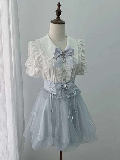 [Bestellschluss 15. Mai] Rosa/Blau-Schmuckschleife-Tüll-Volant-Schichtenrock mit Blasenform
