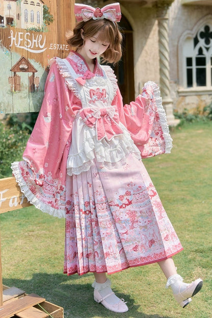 【10月21日予約締切】Pink/Blue Hanfu-inspired Little Lamb Tea Party Lace Wide Sleeve Blouse + Printed Ruffle Skirt + Pleated Mamian Skirt + Strawberry Embroidered Ribbon Lace Apron