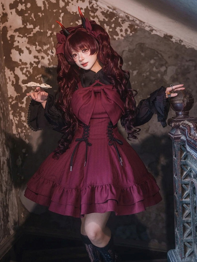 【12月26日予約締切】ゴシックロリータダークカラーストライプリボンサスドレス