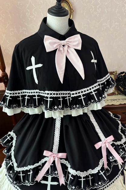 【10月4日予約締切】Black Pink Gothic-Inspired Sweet Lolita Ribbon Ruffle Dress＋Cross Embroidery Ribbon Cape