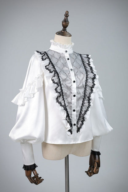 【10月2日予約締切】Gothic Knight Prince Lolita Victorian Lace Ruffle Shirt +Jewel Jabot Tie + Vintage Buckle Crimson Panel Pants (With Detachable Decorative Handkerchief)