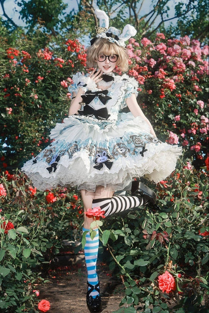[Reservierungsschluss 30. Juni] Blau-weißes Alice-im-Wunderland Sweet-Lolita-Schleifen-Schürzen-OP-Kleid + Komplettset 1/2
