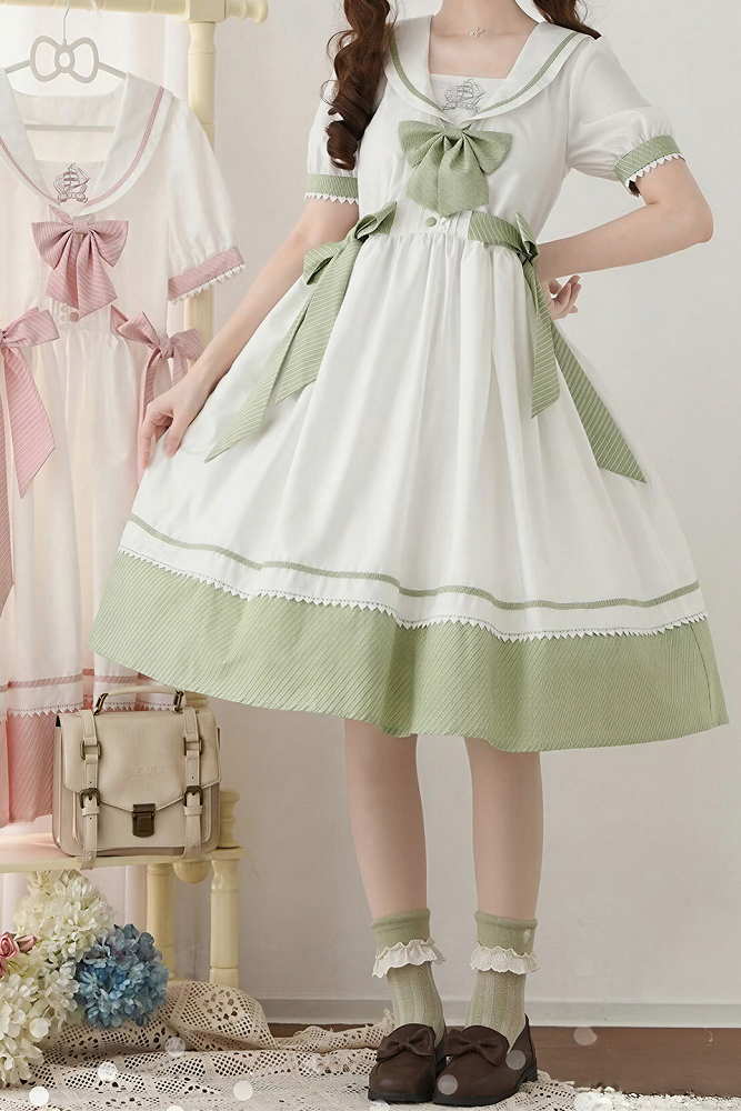 [Reservierungsschluss 28. Juni] 5 Farben/Sailor-Lolita-Streifenkleid mit Schleife und Puffärmeln