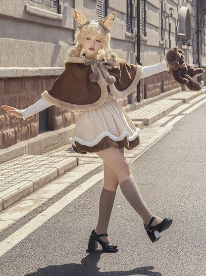 Brown Fur Cape + Fur Suspender Skirt + Leg Warmers