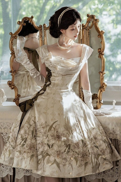 [Reservierungsschluss 2. August] Elfenbeingold x Olivgrün elegantes klassisches Lolita-Kleid mit Lilienprint, Jacquard, Schnürung und Schleife