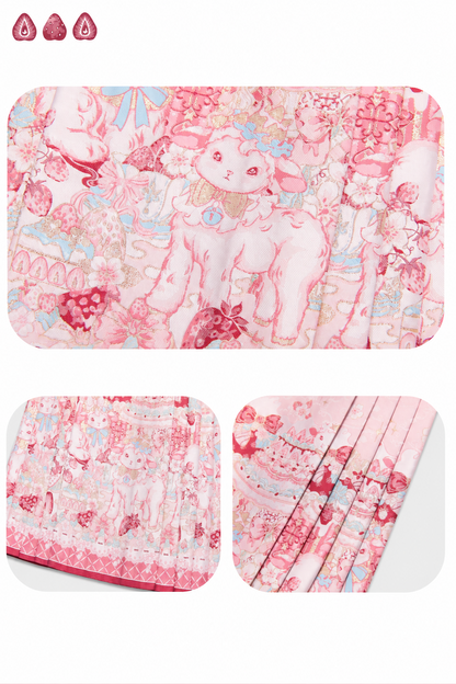 【10月21日予約締切】Pink/Blue Hanfu-inspired Little Lamb Tea Party Lace Wide Sleeve Blouse + Printed Ruffle Skirt + Pleated Mamian Skirt + Strawberry Embroidered Ribbon Lace Apron