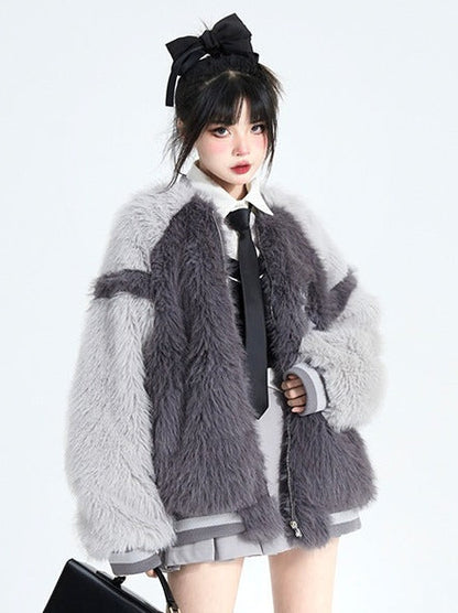 Gray Furry Contrast Collar Raglan Sleeve Fur Jacket