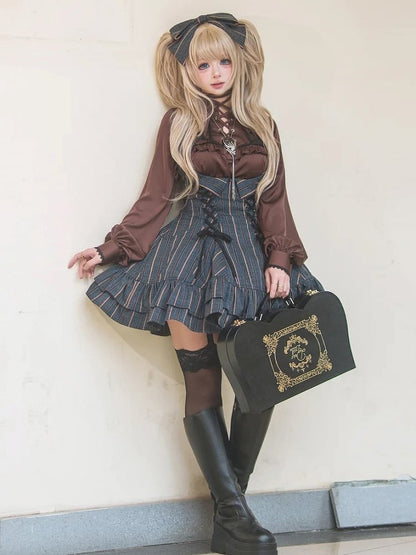 【12月29日予約締切】ゴシックロリータストライプバッククロスフリルサスドレス