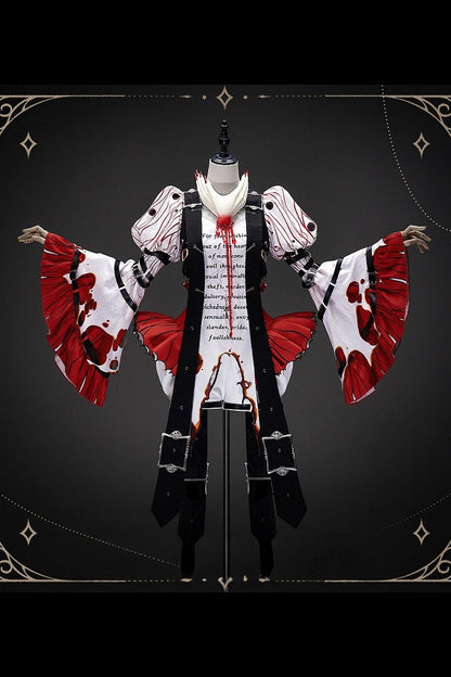 [Vorbestellschluss: 9.19.] Dekadentes dunkles Gothic-Blut-Glockenärmel-Top + schwarze Harness-Weste mit Augenstickerei und Schnallen-Set (Blutstropfen-Motiv-Anhänger + Kreuzmotiv-Anhänger) + weiße Puff-Prinzen-Shorts mit Schnalle