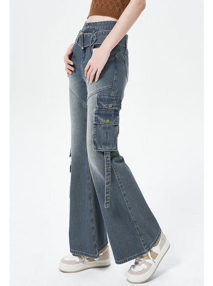 Retro wash design street belt flared denim