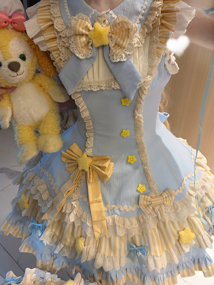 [Reservierungsschluss 22. Juni] Süßes Lolita-Stufenkleid in Pastell und Schwarz mit Sternen und Schleifen