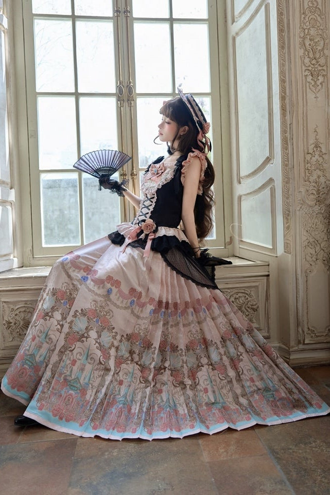 【10月10日予約締切】Black Pink Romantic Rose Castle Classic Lolita Bustier Top Castle Print Pleated Skirt Set-up + Complete Set(Rose Ribbon Lace Hat + Ribbon Hair Clip Included)