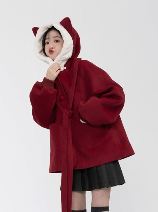 Wine Red Cat Hooded Short Wool Coat