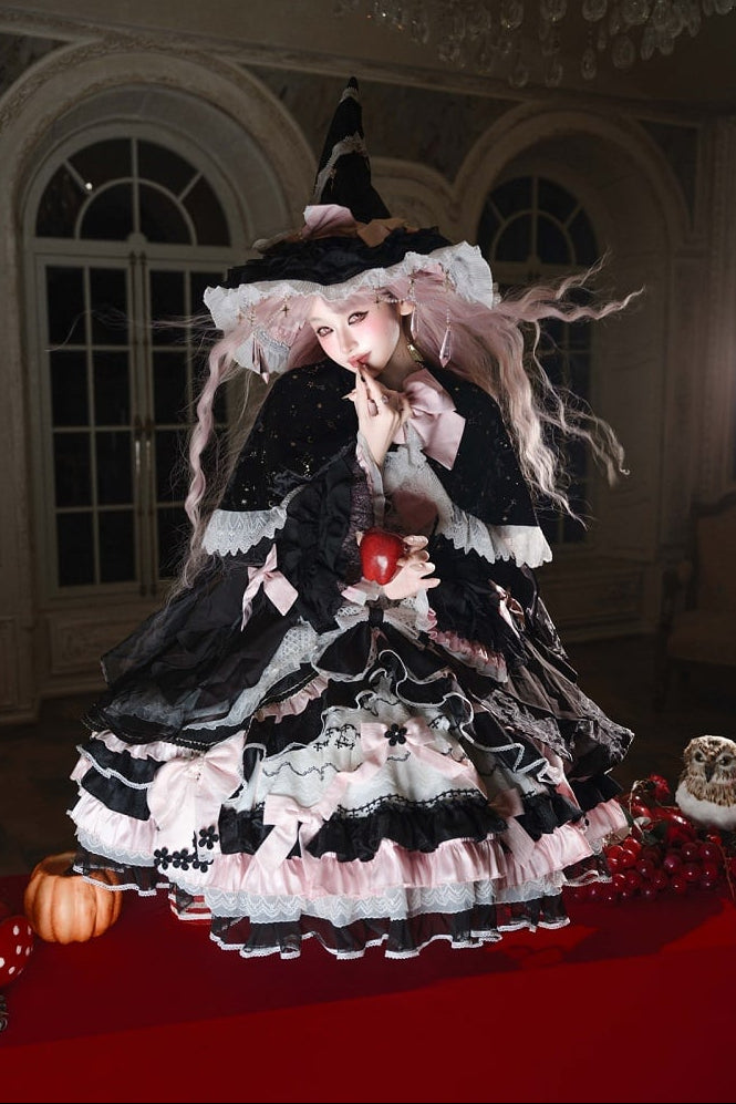 [Date limite de précommande : 14 septembre] Ensemble complet Gothic Black Pink Witch : robe JSK à croix + grande traîne à nœud + cape à capuche + manches amovibles + chapeau de sorcière + manches extérieures