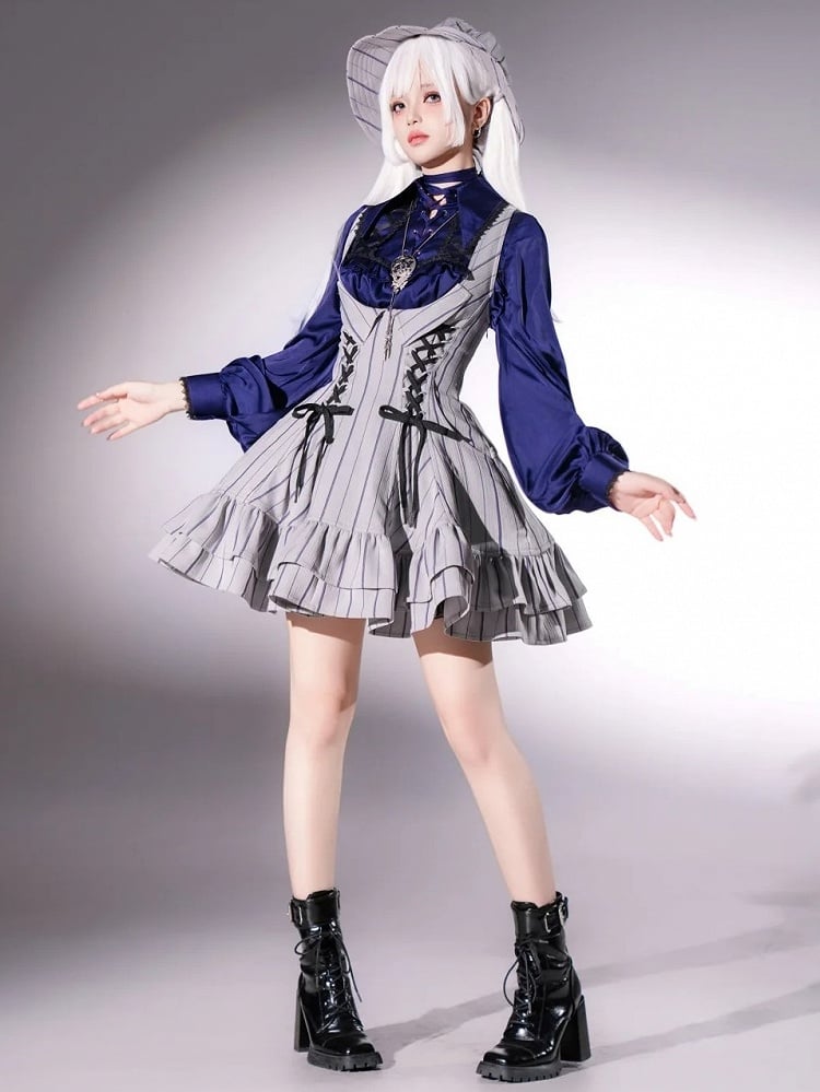 【12月29日予約締切】ゴシックロリータストライプバッククロスフリルサスドレス